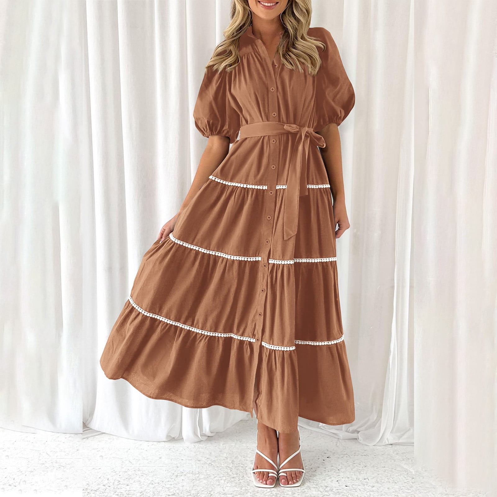 BLVB Spring Dresses for Women Trendy Puff Short Sleeve Tiered Flowy Maxi Dress Button down V Neck Belted Summer Dress - Walmart.com